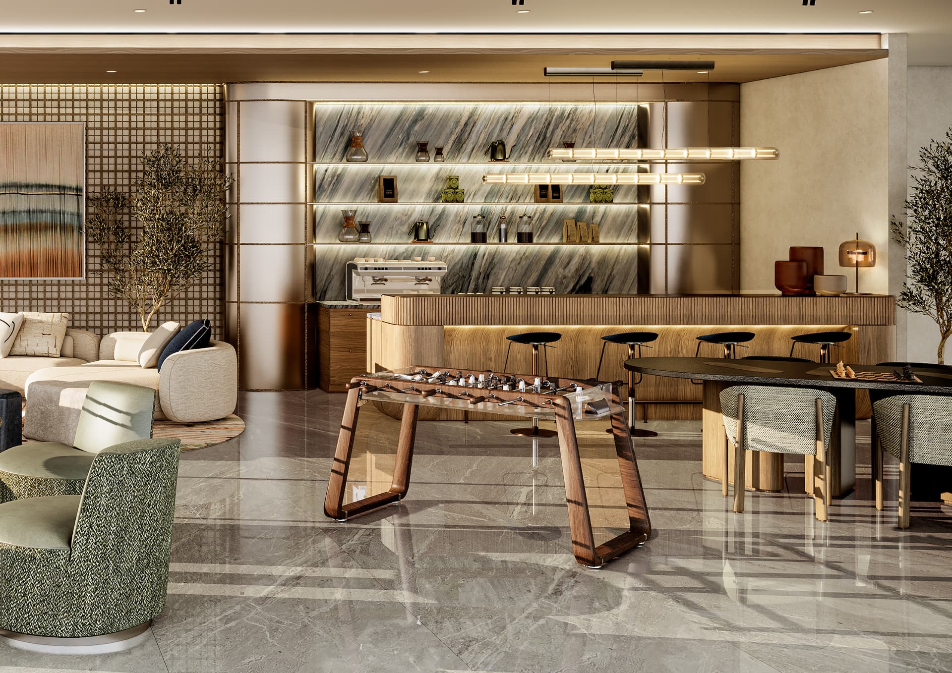 Social lounge with coffee bar and games