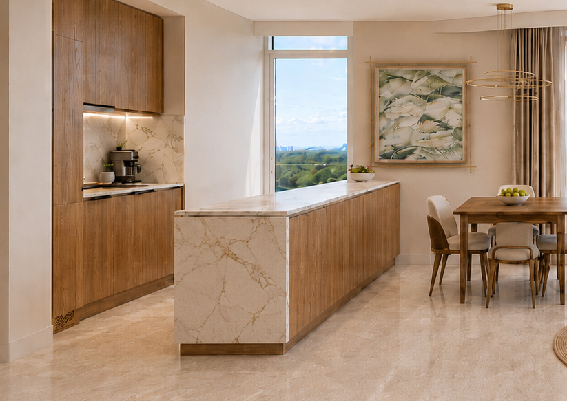 Townhouse kitchen and dining space with stone detailing