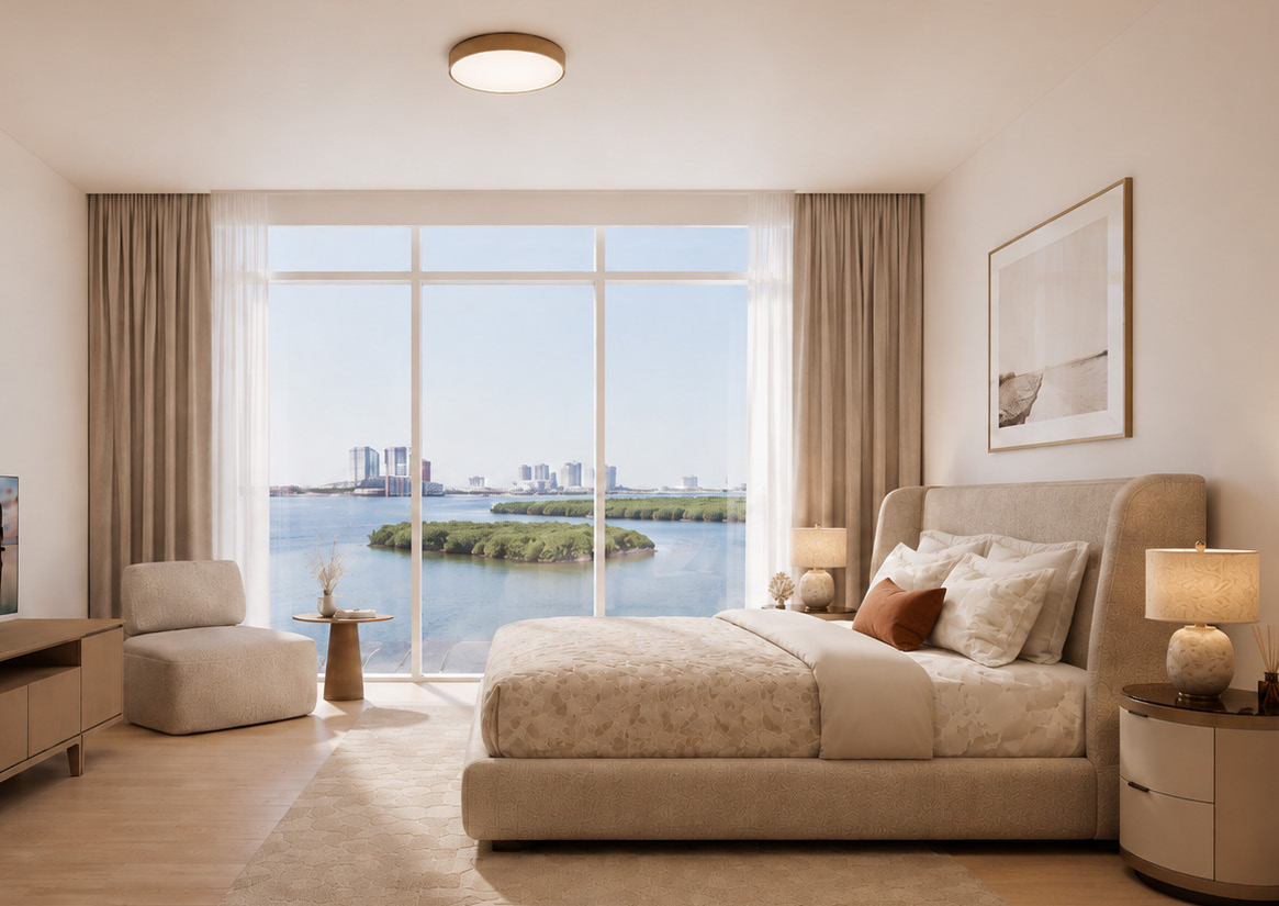 Bedroom with floor to ceiling glass over the mangrove channel