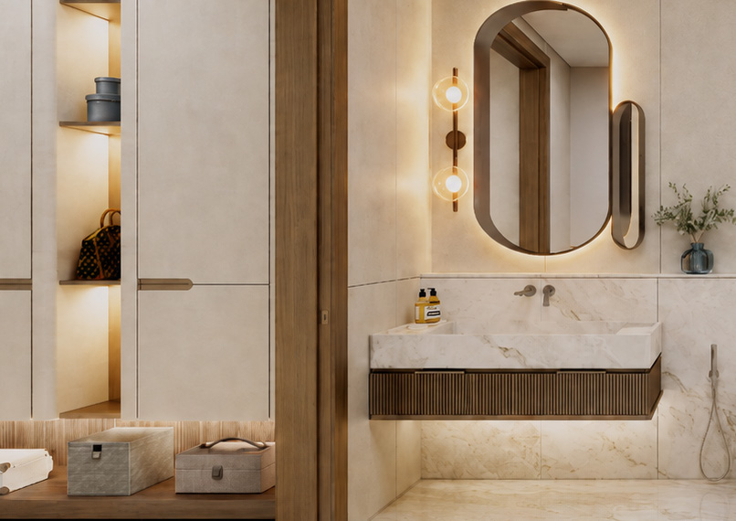 Bathroom and dressing area in warm stone