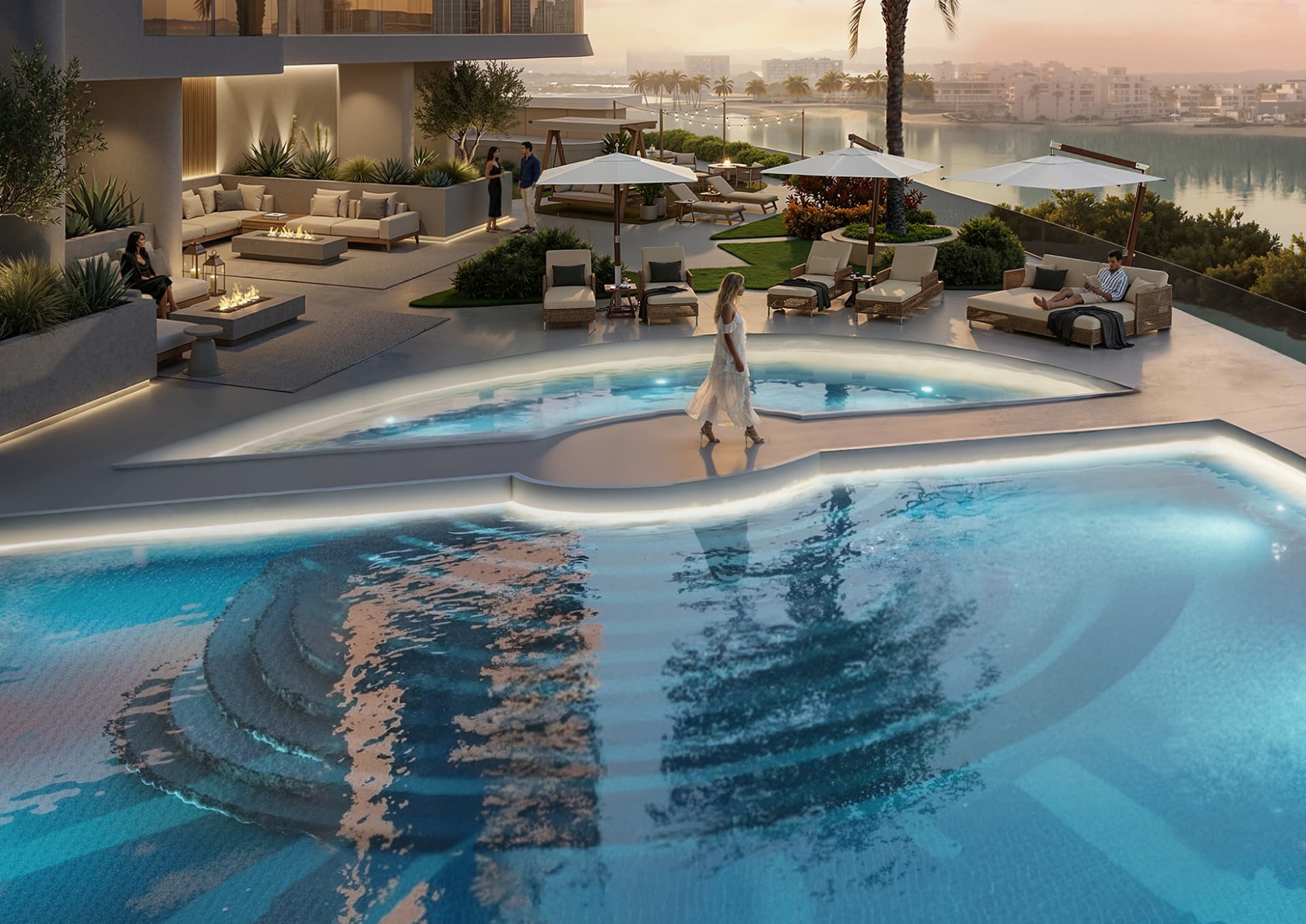 Sunlit pool deck at dusk overlooking the water