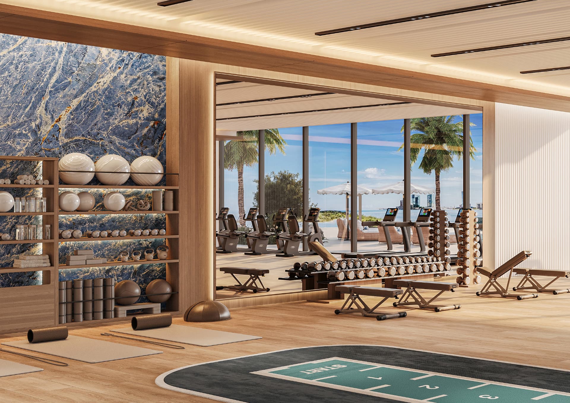 Studio and functional training area with stone detailing