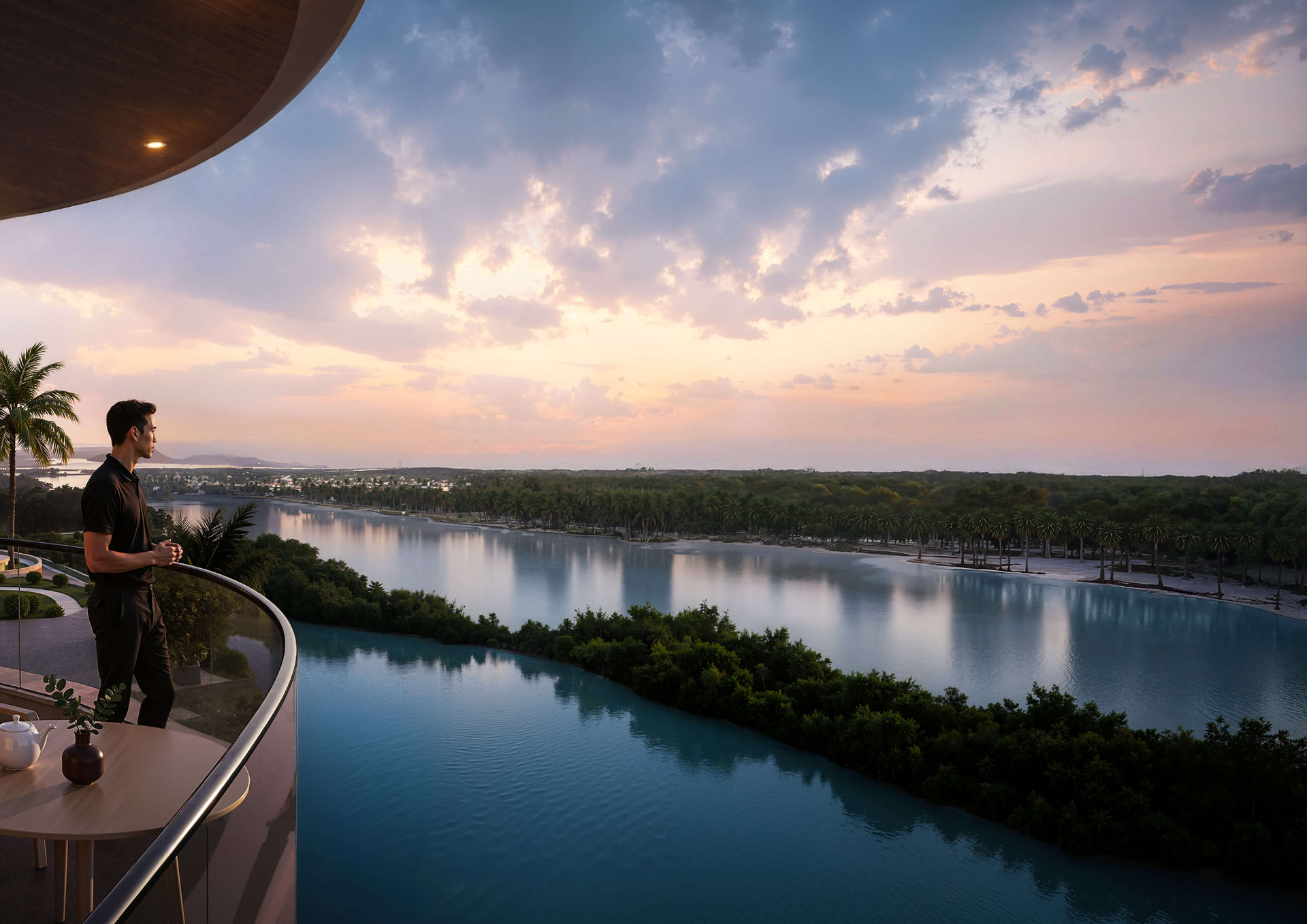 Sunset over the mangrove waterway from a balcony