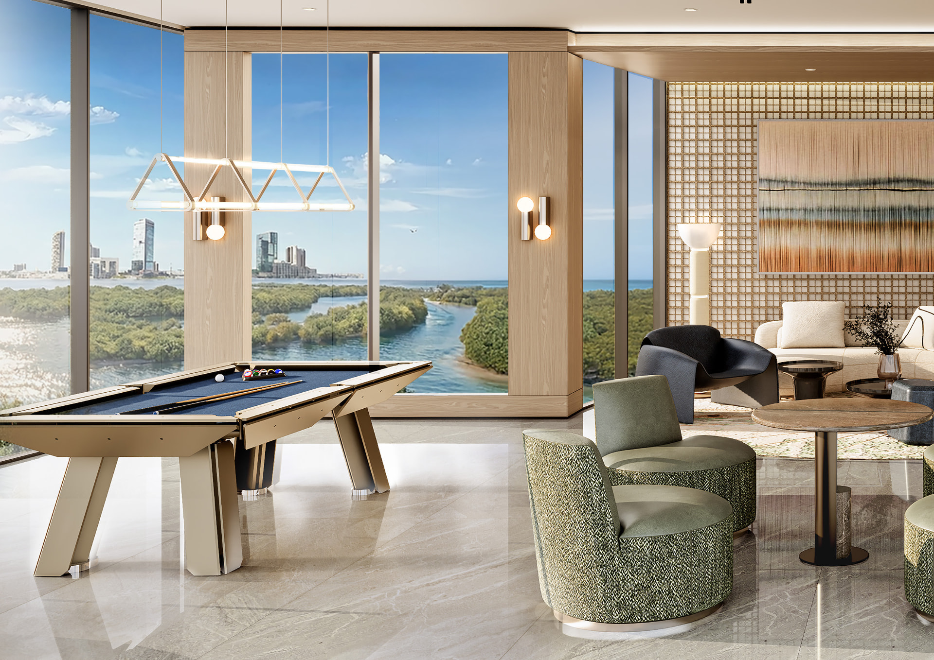 Recreational lounge with a pool table and views over the mangrove creek